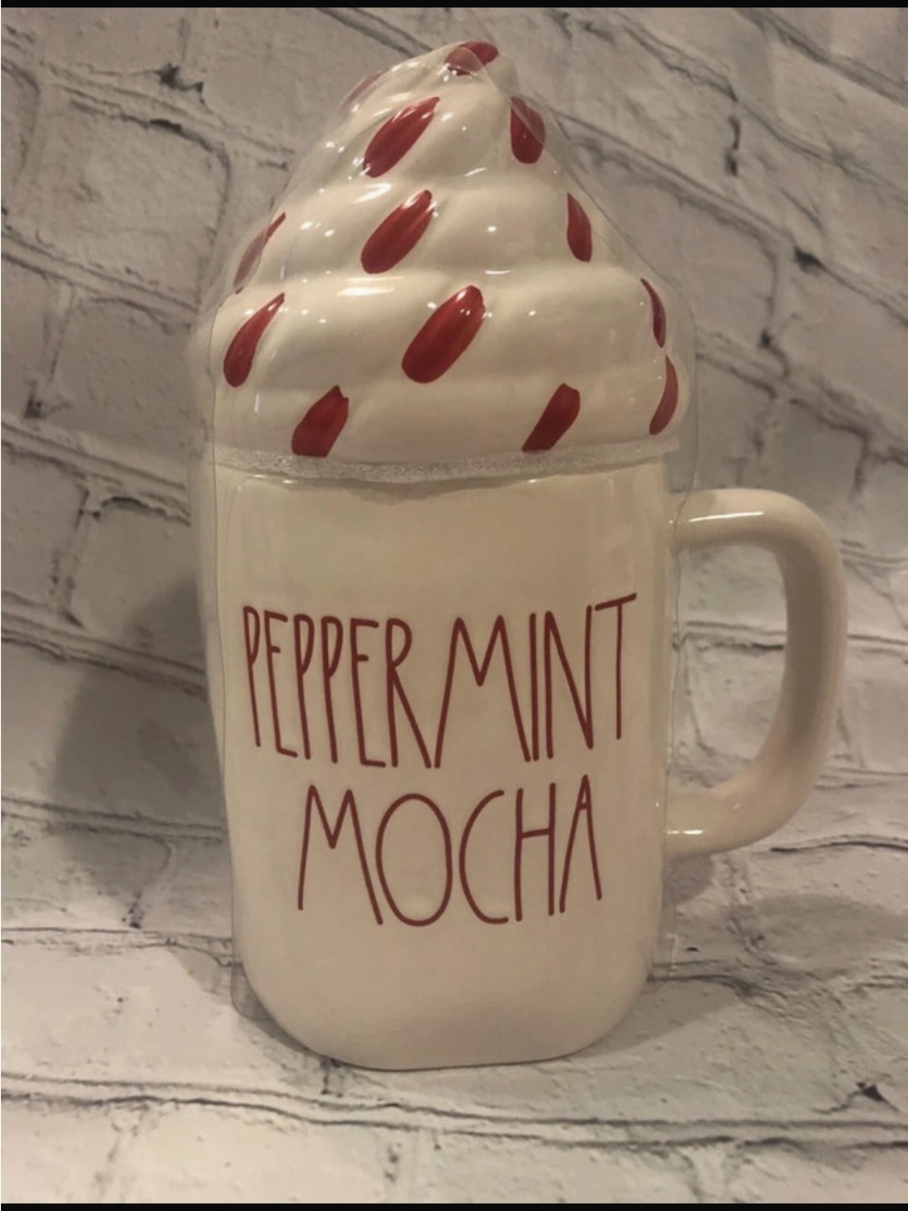 Rae Dunn Peppermint Mocha Mug in White and Red